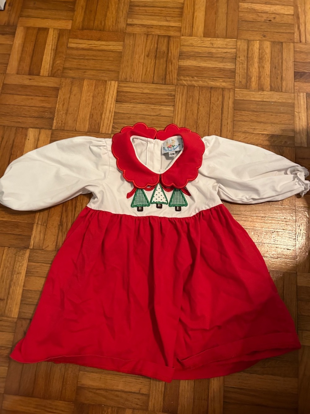 Holiday Red & White Girls' Dress with Tree Appliqué